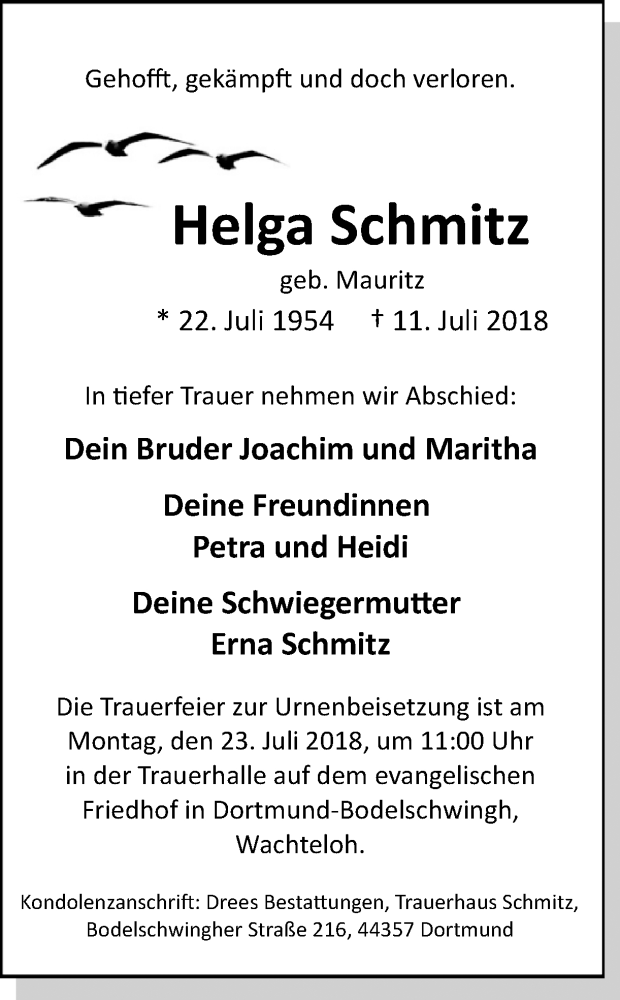 Traueranzeige für Helga Schmitz vom 16.07.2018 aus Ruhr Nachrichten