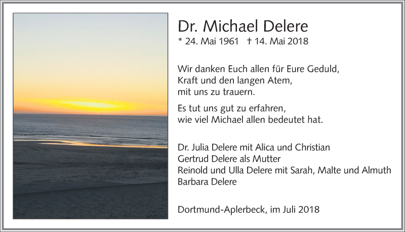  Traueranzeige für Michael Delere vom 14.07.2018 aus Ruhr Nachrichten
