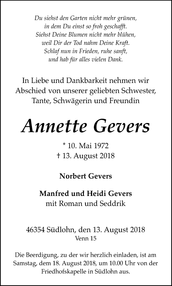  Traueranzeige für Annette Gevers vom 18.08.2018 aus Münstersche Zeitung und Münsterland Zeitung