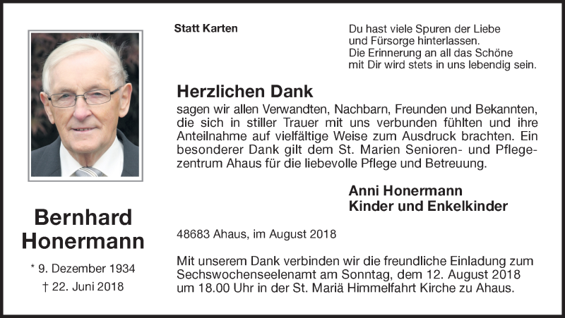  Traueranzeige für Bernhard Honermann vom 08.08.2018 aus Münstersche Zeitung und Münsterland Zeitung
