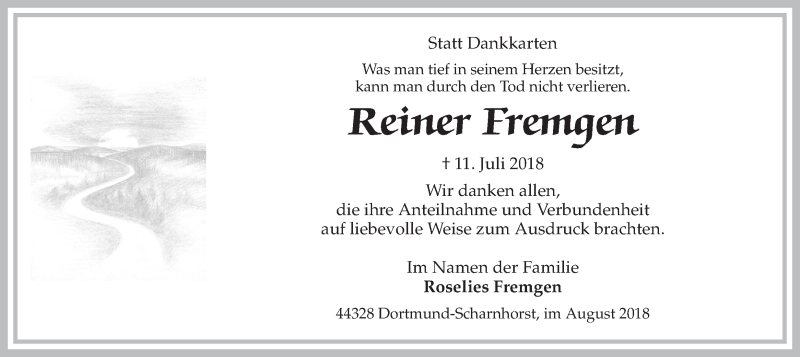  Traueranzeige für Reiner Fremgen vom 04.08.2018 aus Ruhr Nachrichten