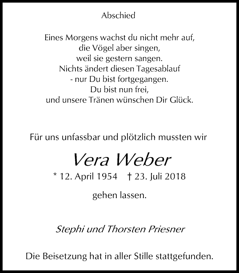  Traueranzeige für Vera Weber vom 06.08.2018 aus Ruhr Nachrichten und Halterner Zeitung