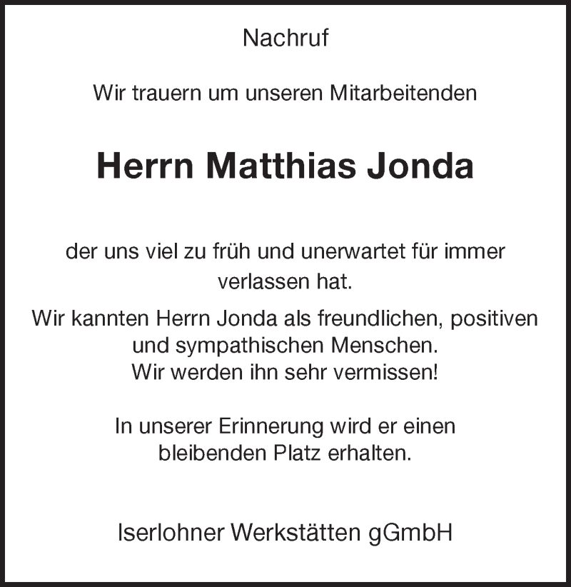  Traueranzeige für Matthias Jonda vom 07.09.2018 aus Ruhr Nachrichten
