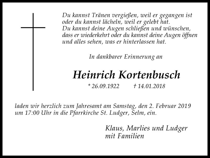  Traueranzeige für Heinrich Kortenbusch vom 26.01.2019 aus Ruhr Nachrichten