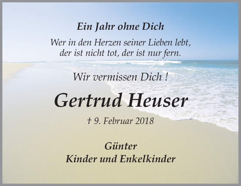  Traueranzeige für Gertrud Heuser vom 09.02.2019 aus Ruhr Nachrichten