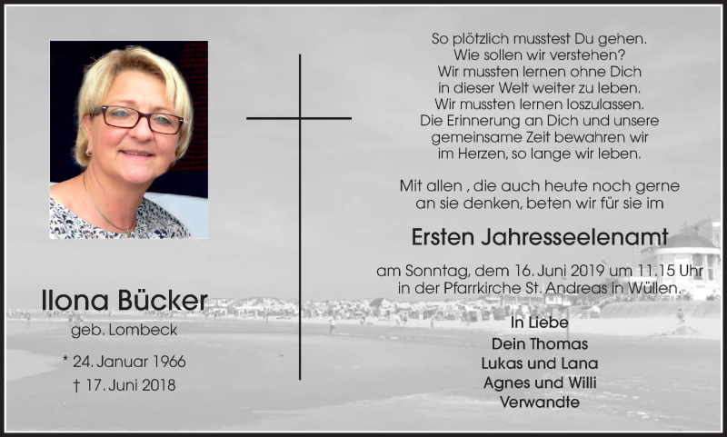  Traueranzeige für Ilona Bücker vom 11.06.2019 aus Münstersche Zeitung und Münsterland Zeitung