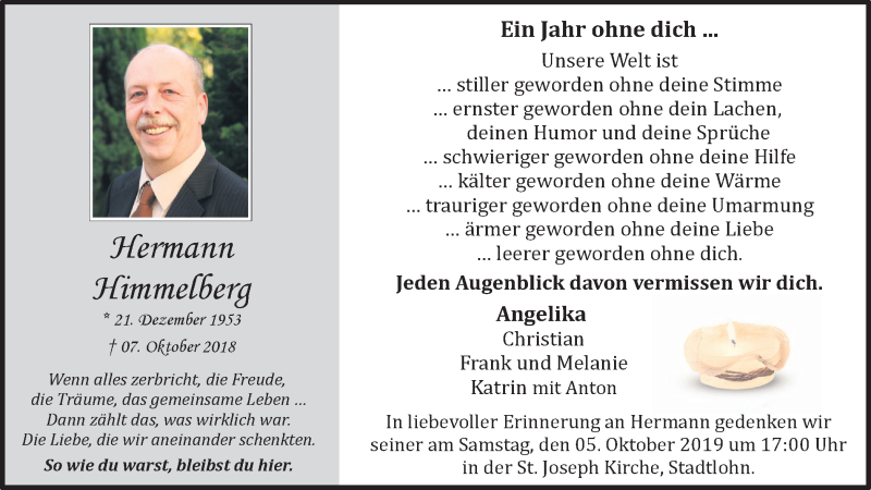  Traueranzeige für Hermann Himmelberg vom 02.10.2019 aus Münstersche Zeitung und Münsterland Zeitung