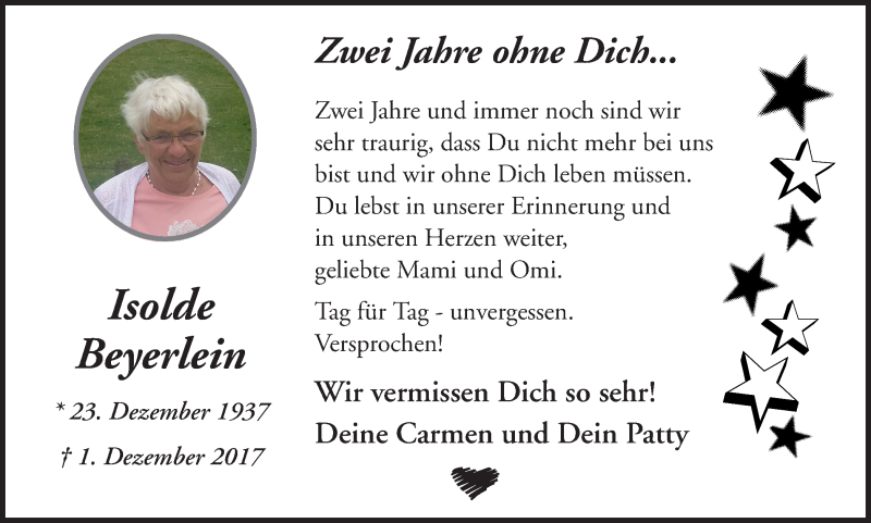  Traueranzeige für Isolde Beyerlein vom 30.11.2019 aus Ruhr Nachrichten und Halterner Zeitung