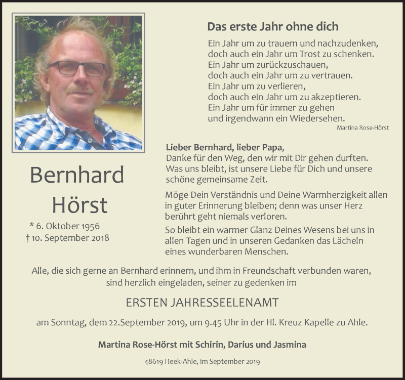  Traueranzeige für Bernhard Hörst vom 17.09.2019 aus Münstersche Zeitung und Münsterland Zeitung