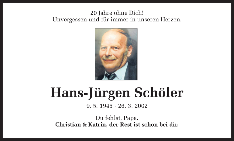  Traueranzeige für Hans-Jürgen Schöler vom 26.03.2022 aus 