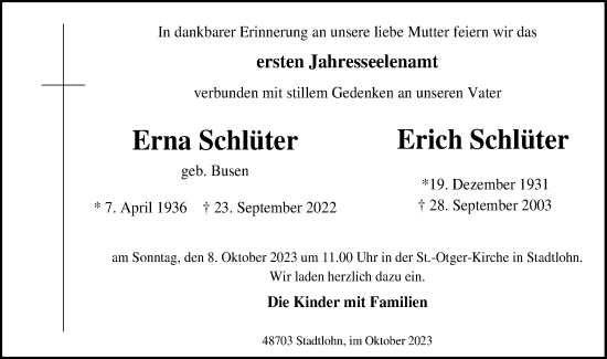 Traueranzeige von Erna und Erich Schlüter von Münstersche Zeitung und Münsterland Zeitung