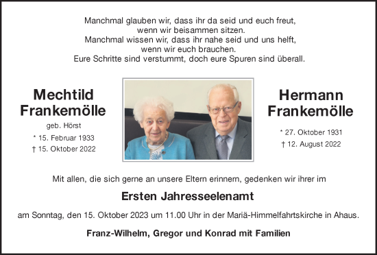 Traueranzeige von Mechtild und Hermann Frankenmölle von Münstersche Zeitung und Münsterland Zeitung