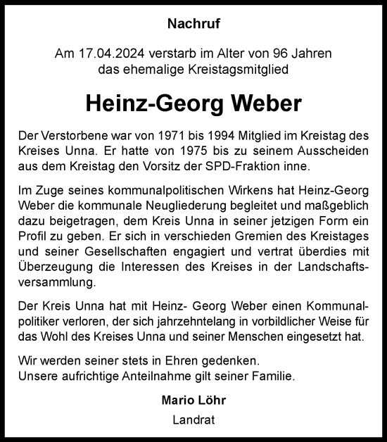 Traueranzeige von Heinz-Georg Weber von Hellweger Anzeiger