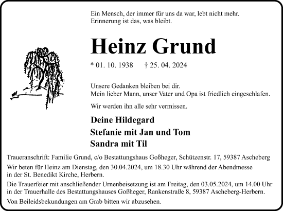 Traueranzeige von Heinz Grund von Ruhr Nachrichten
