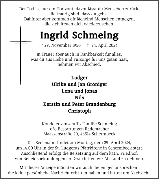 Traueranzeige von Ingrid Schmeing von Ruhr Nachrichten und Dorstener Zeitung