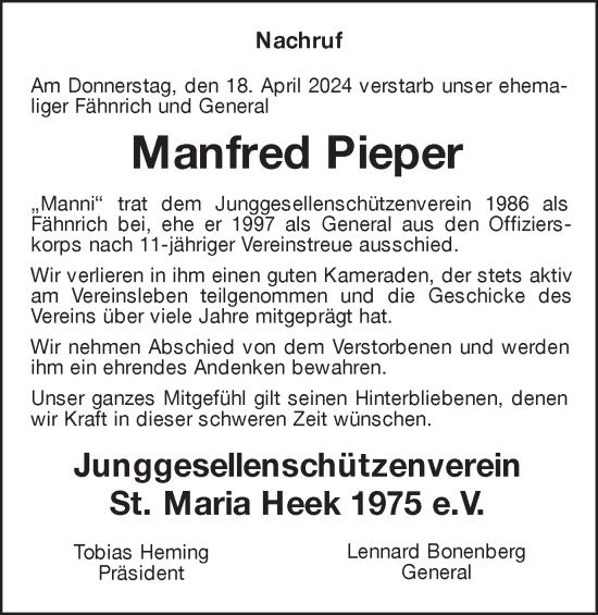 Traueranzeige von Manfred Pieper von Münsterland Zeitung