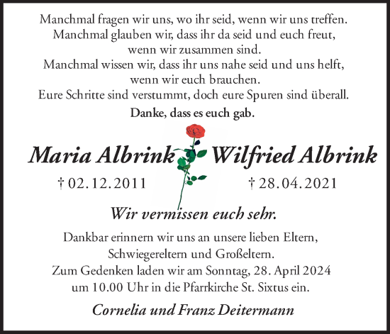 Traueranzeige von Maria und Wilfried Albrink von Ruhr Nachrichten und Halterner Zeitung