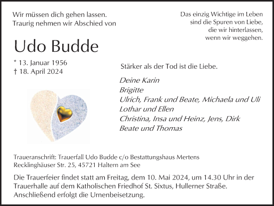 Traueranzeige von Udo Budde von Ruhr Nachrichten und Halterner Zeitung
