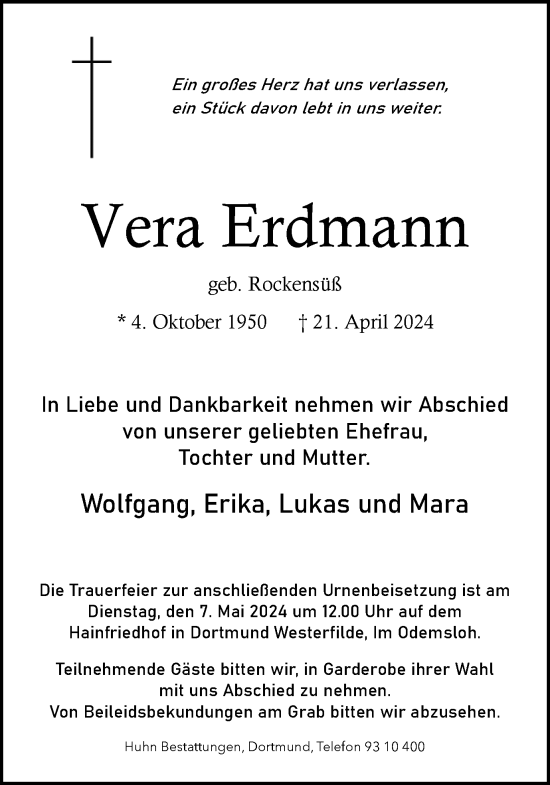 Traueranzeige von Vera Erdmann 
