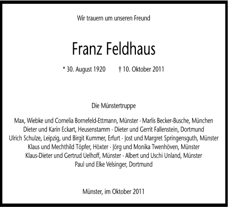  Traueranzeige für Franz Feldhaus vom 13.10.2011 aus 