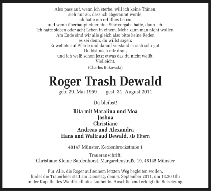 Traueranzeige für Roger Trash Dewald vom 03.09.2011 aus 