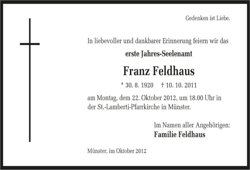  Traueranzeige für Franz Feldhaus vom 13.10.2012 aus 