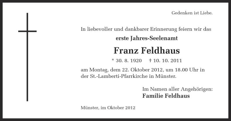  Traueranzeige für Franz Feldhaus vom 13.10.2012 aus Münstersche Zeitung und Grevener Zeitung