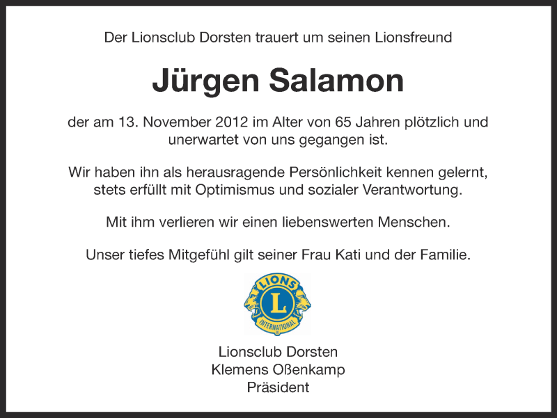  Traueranzeige für Jürgen Salamon vom 20.11.2012 aus Ruhr Nachrichten und Dorstener Zeitung