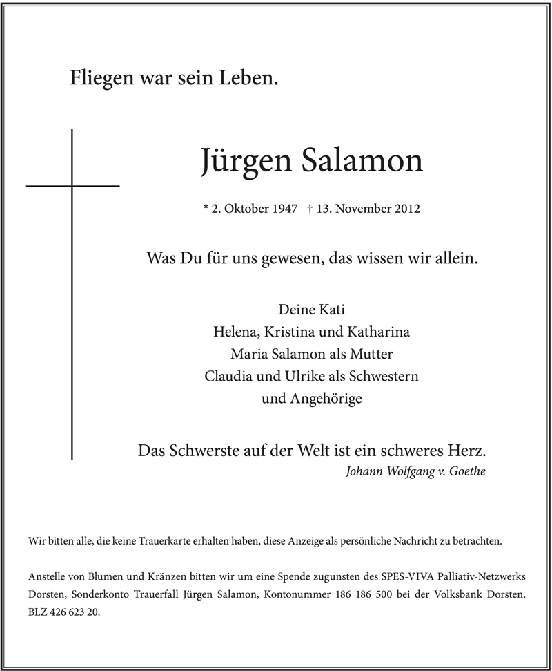  Traueranzeige für Jürgen Salamon vom 29.11.2012 aus 