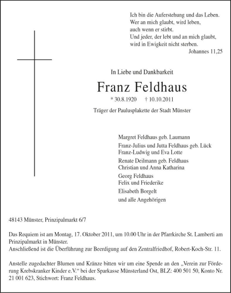  Traueranzeige für Franz Feldhaus vom 13.12.2012 aus 