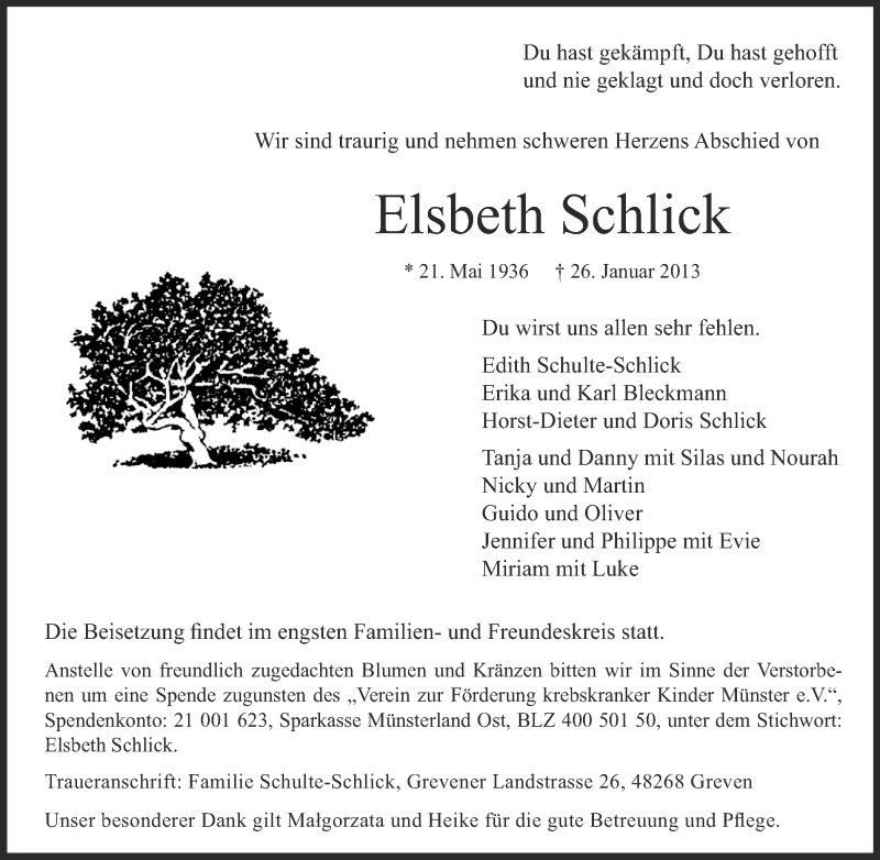  Traueranzeige für Elsbeth Schlick vom 29.01.2013 aus Münstersche Zeitung, Emsdettener Volkszeitung, Grevener Zeitung und Münsterland Zeitung