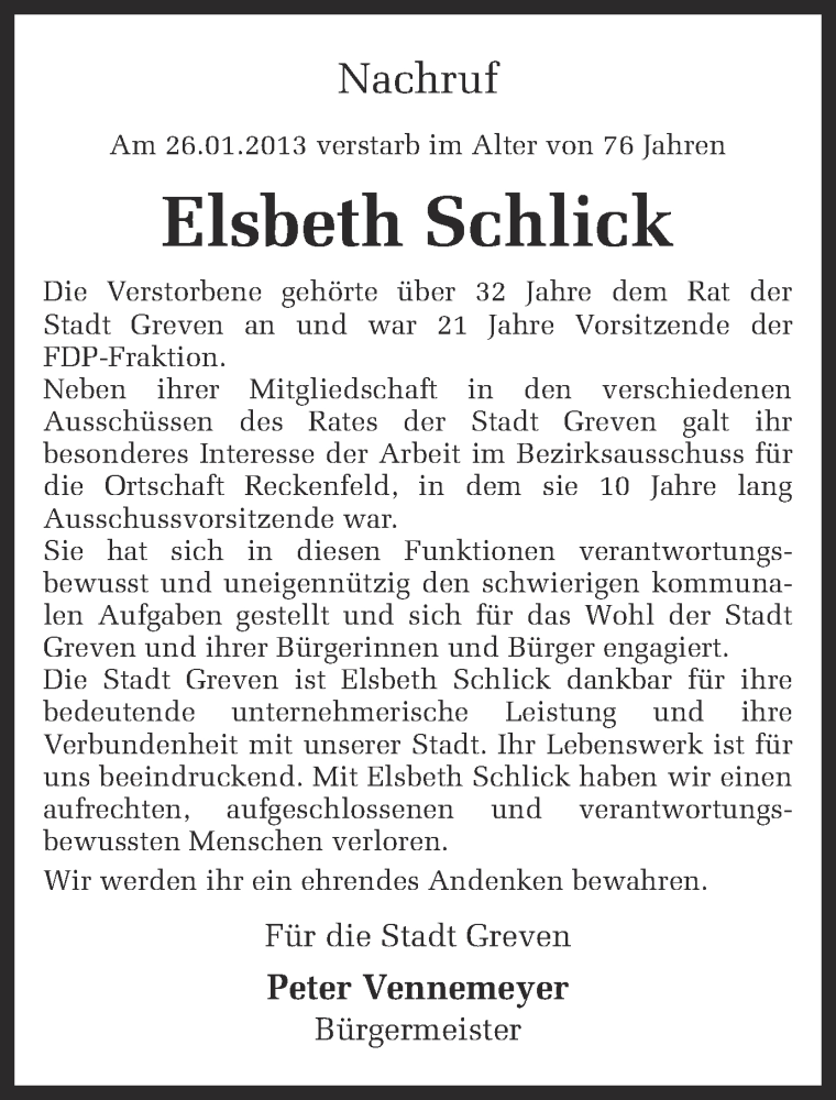  Traueranzeige für Elsbeth Schlick vom 29.01.2013 aus Münstersche Zeitung und Grevener Zeitung