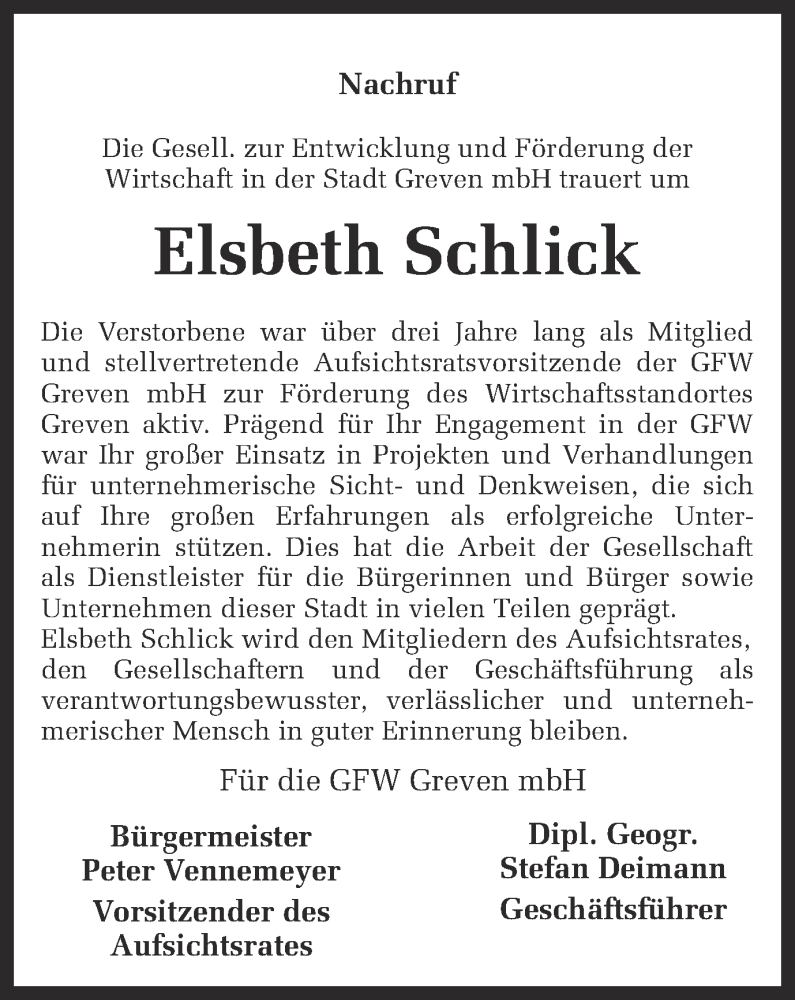  Traueranzeige für Elsbeth Schlick vom 30.01.2013 aus Münstersche Zeitung und Grevener Zeitung