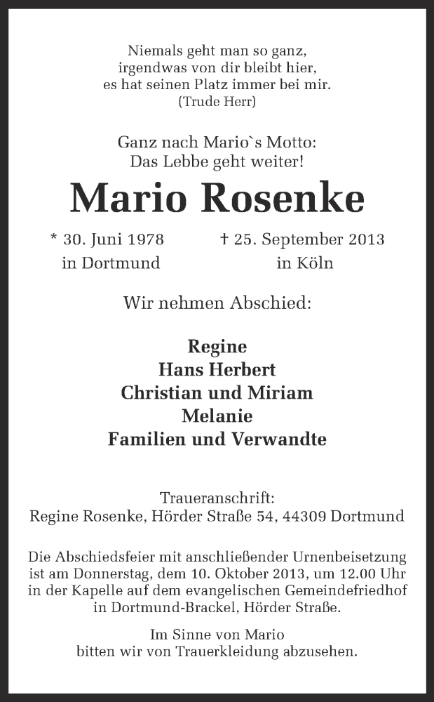  Traueranzeige für Mario Rosenke vom 05.10.2013 aus Ruhr Nachrichten