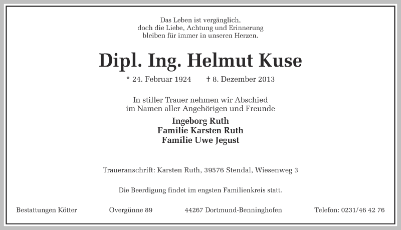  Traueranzeige für Helmut Kuse vom 14.12.2013 aus Ruhr Nachrichten