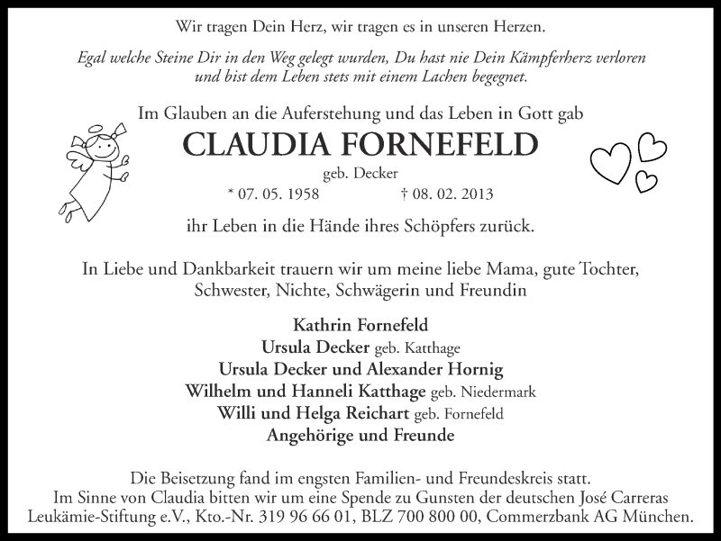  Traueranzeige für Claudia Fornefeld vom 18.02.2013 aus Ruhr Nachrichten und Halterner Zeitung