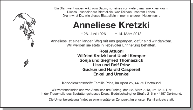  Traueranzeige für Anneliese Kretzki vom 19.03.2013 aus Ruhr Nachrichten