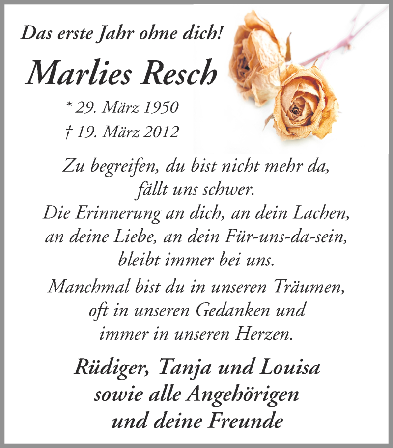  Traueranzeige für Marlies Resch vom 19.03.2013 aus Ruhr Nachrichten und Halterner Zeitung