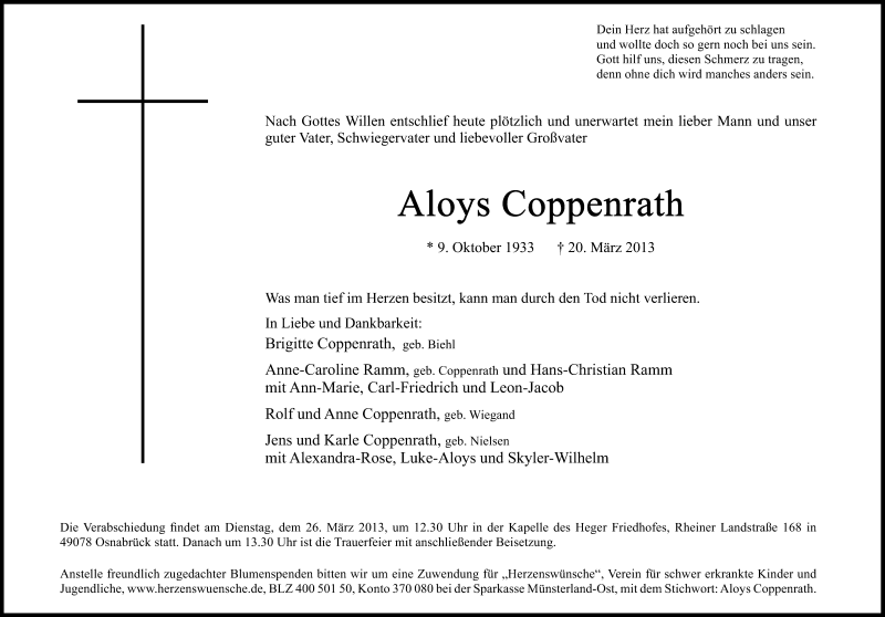  Traueranzeige für Aloys Coppenrath vom 23.03.2013 aus 