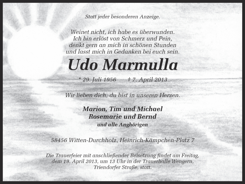  Traueranzeige für Udo Marmulla vom 13.04.2013 aus Ruhr Nachrichten