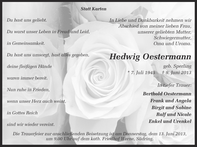 Traueranzeige für Hedwig Oestermann vom 11.06.2013 aus Ruhr Nachrichten