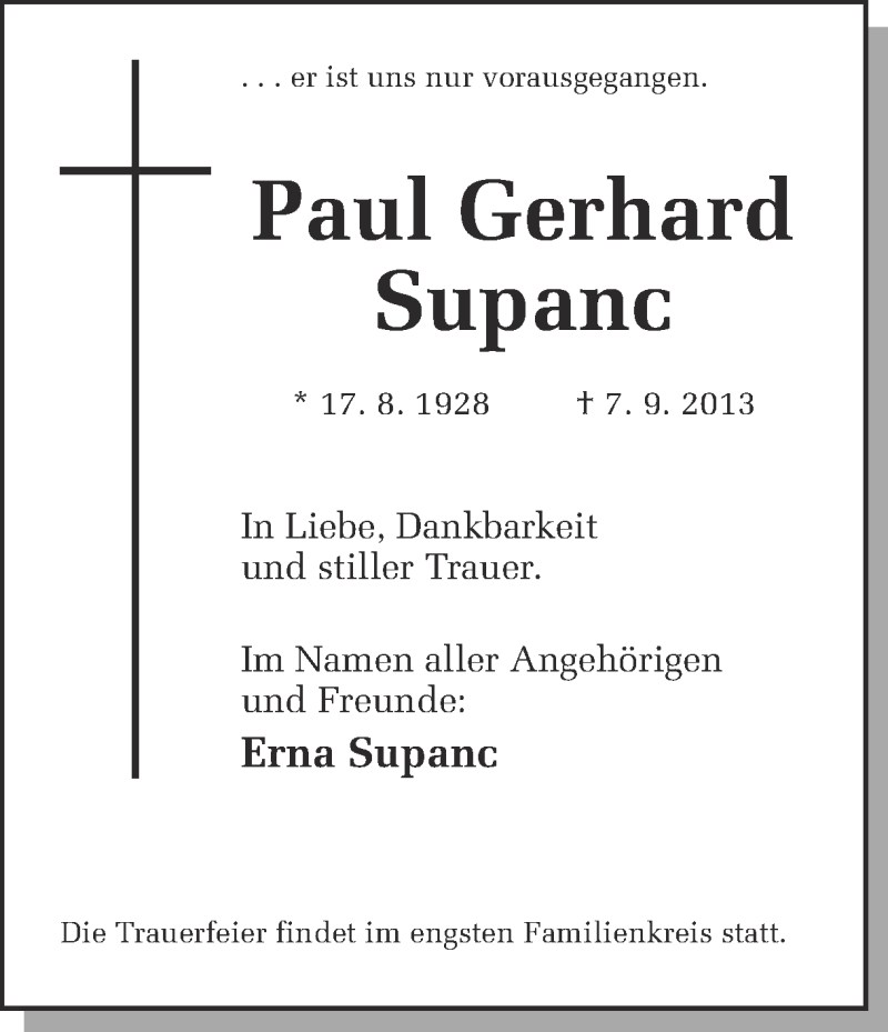  Traueranzeige für Paul Gerhard Supanc vom 14.09.2013 aus Ruhr Nachrichten