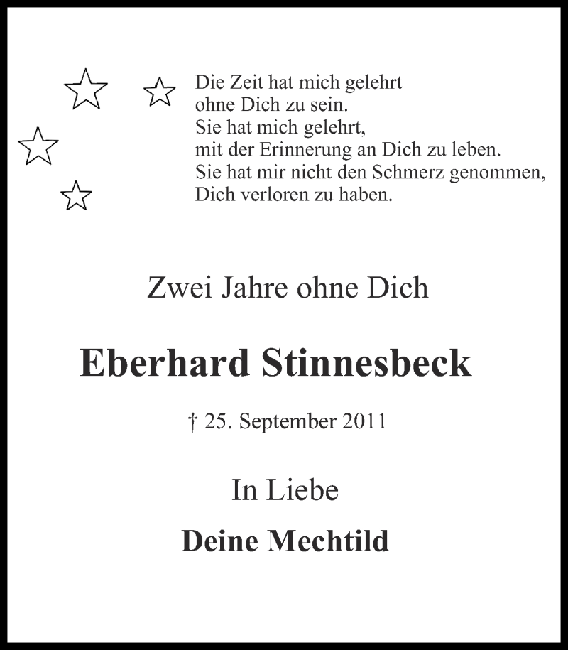  Traueranzeige für Eberhard Stinnesbeck vom 25.09.2013 aus Münstersche Zeitung und Münsterland Zeitung