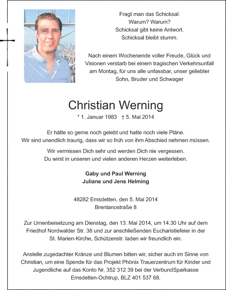  Traueranzeige für Christian Werning vom 09.05.2014 aus 