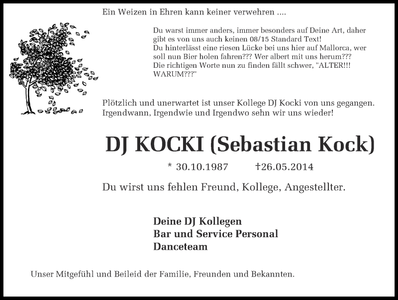  Traueranzeige für Sebastian Kock vom 04.06.2014 aus Münstersche Zeitung und Münsterland Zeitung