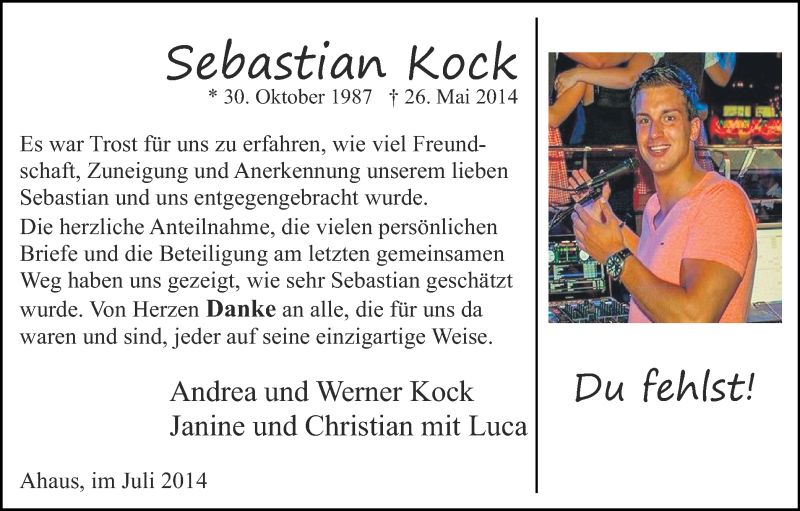  Traueranzeige für Sebastian Kock vom 05.07.2014 aus Münstersche Zeitung und Münsterland Zeitung