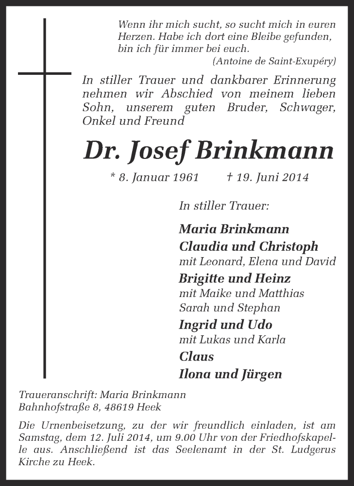  Traueranzeige für Josef Brinkmann vom 09.07.2014 aus Münstersche Zeitung und Münsterland Zeitung