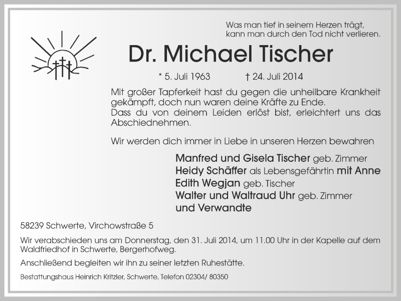  Traueranzeige für Michael Tischer vom 28.07.2014 aus Ruhr Nachrichten