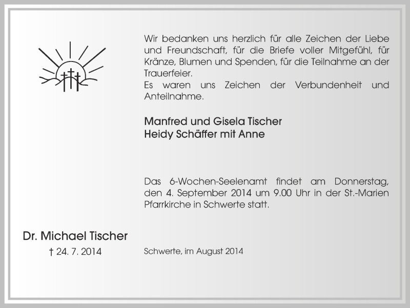  Traueranzeige für Michael Tischer vom 23.08.2014 aus Ruhr Nachrichten