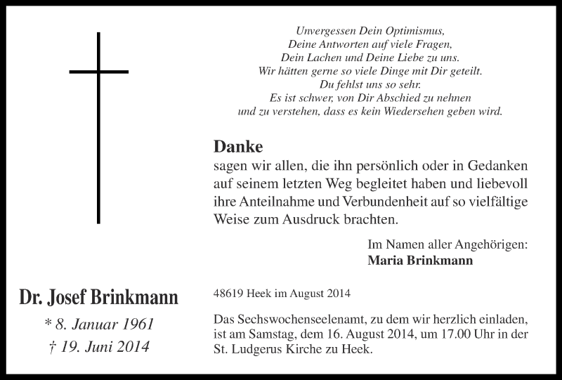  Traueranzeige für Josef Brinkmann vom 13.08.2014 aus Münstersche Zeitung und Münsterland Zeitung